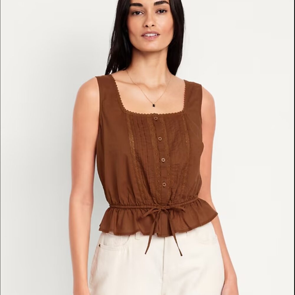 Old Navy Brown Tie Waist Lace Trim Top Size M